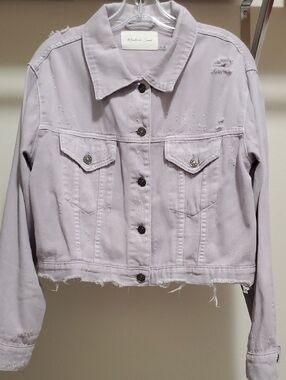 Mustard Seed Cropped  Lavender Purple Distressed Denim Jacket Size Small